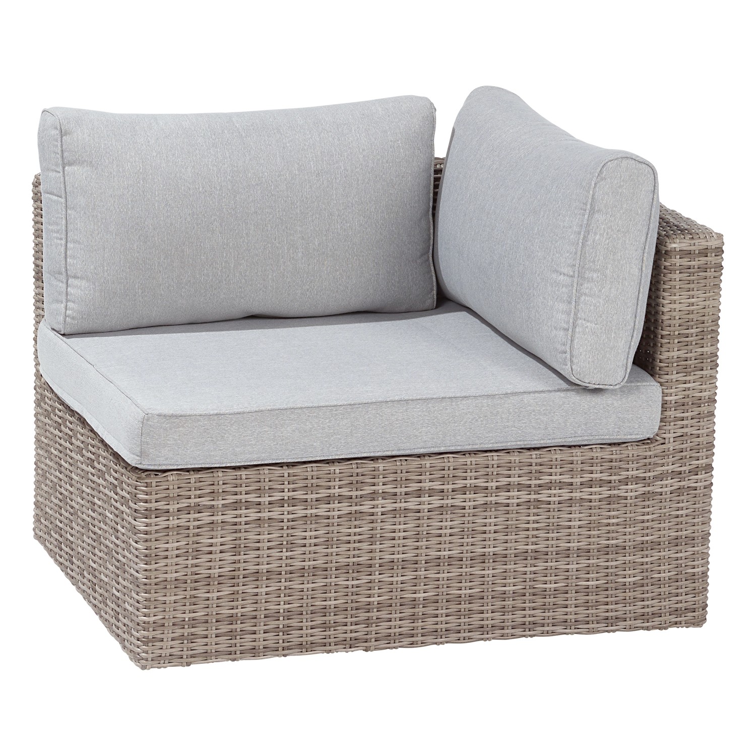 Lounge-Set Olea, 5-teilig, Polyrattan Sand, Eckelement mit grauen Kissen.