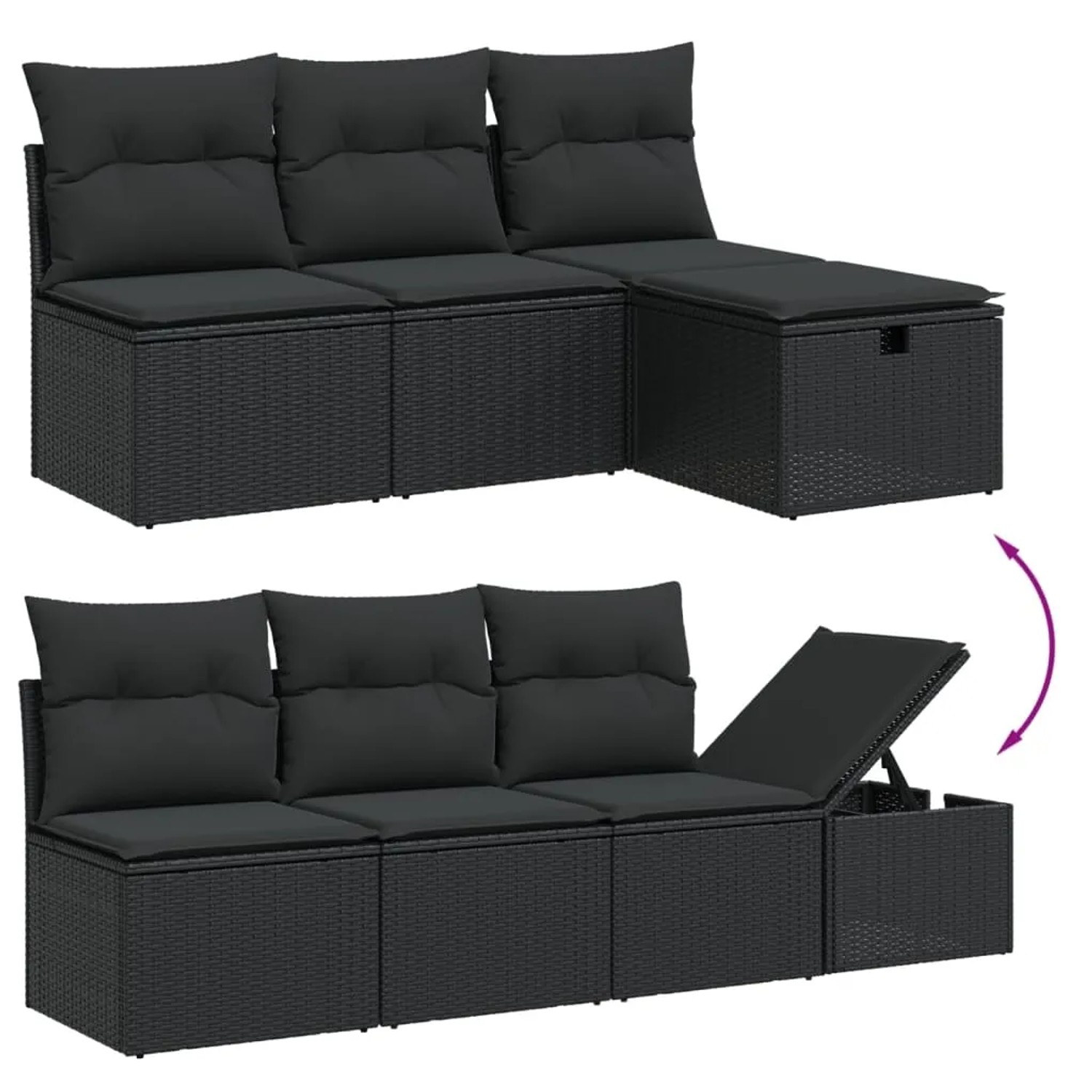 Schwarze 8-tlg. vidaXL Garten-Sofagarnitur aus Rattan mit Kissen und Stauraum.