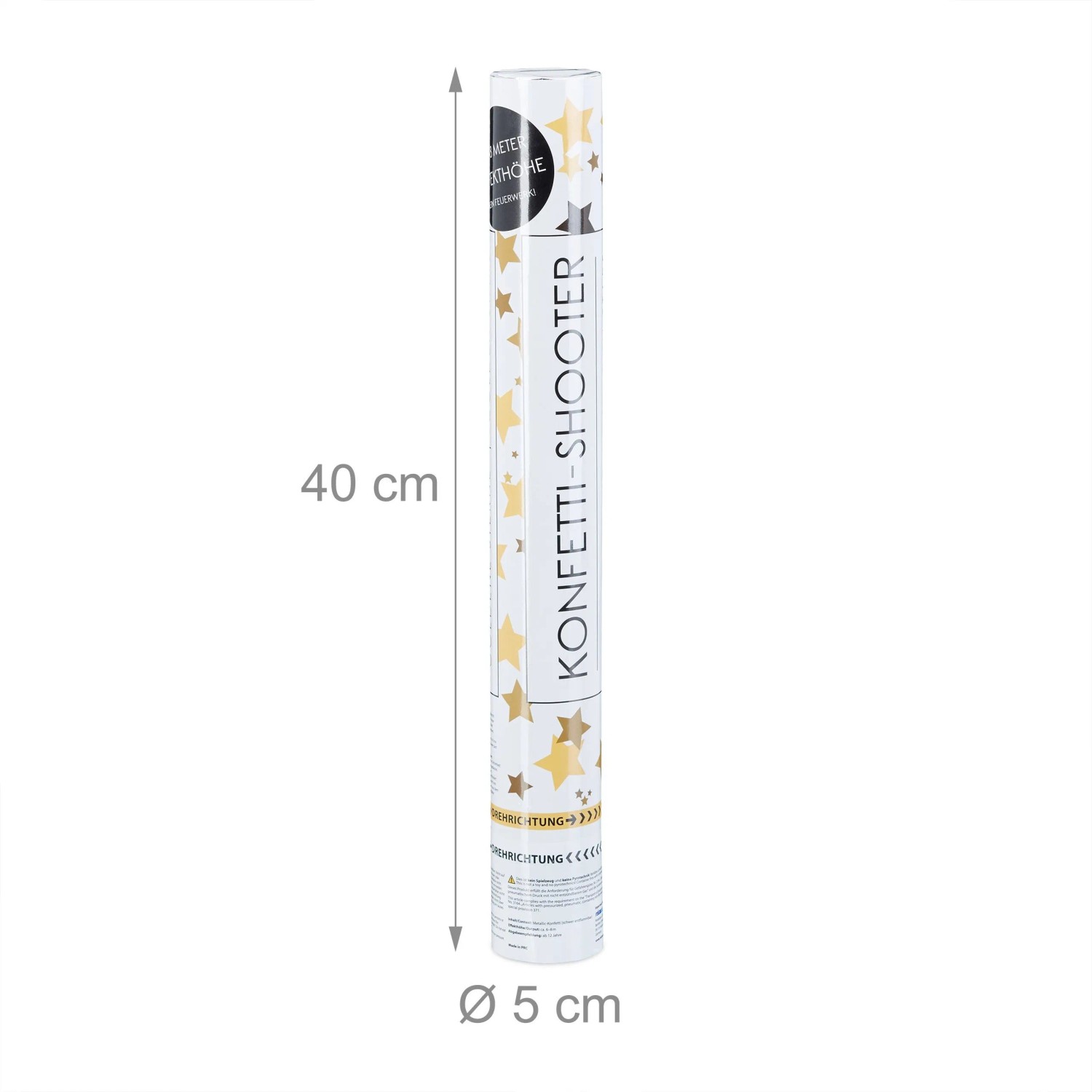 Weißer Partypopper Sternenregen mit goldenen Sternen, 40 cm hoch, 5 cm Durchmesser. Für Party, Geburtstag, Hochzeit.