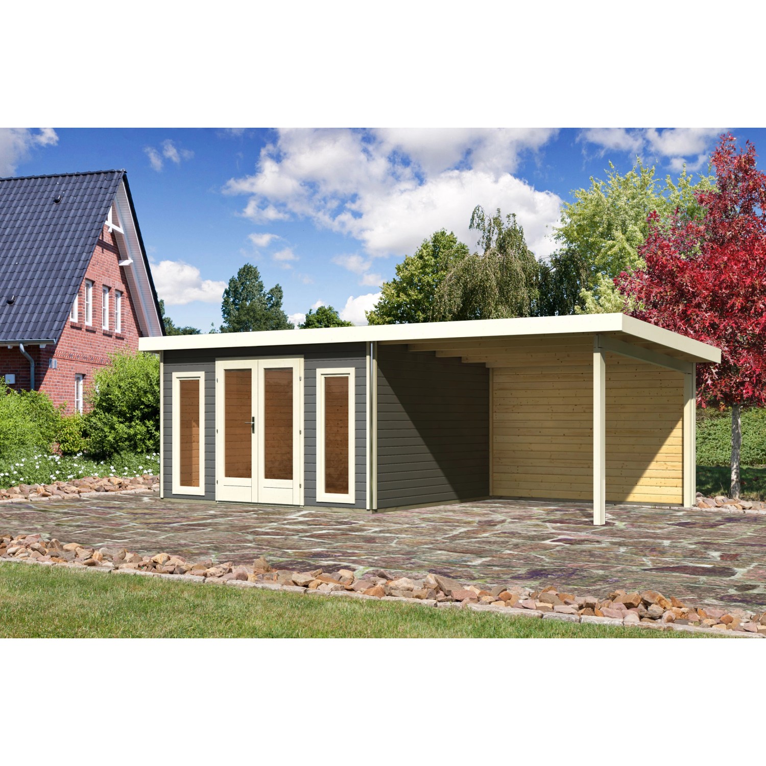 Karibu Holz-Gartenhaus/Gerätehaus Norrköping Terragrau Pultdach Lackiert 365 cm x 305 cm