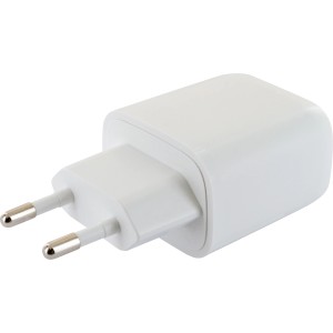 Weißes Schwaiger Schnell-Ladegerät mit USB und USB-C Anschluss für Handy-Zubehör.