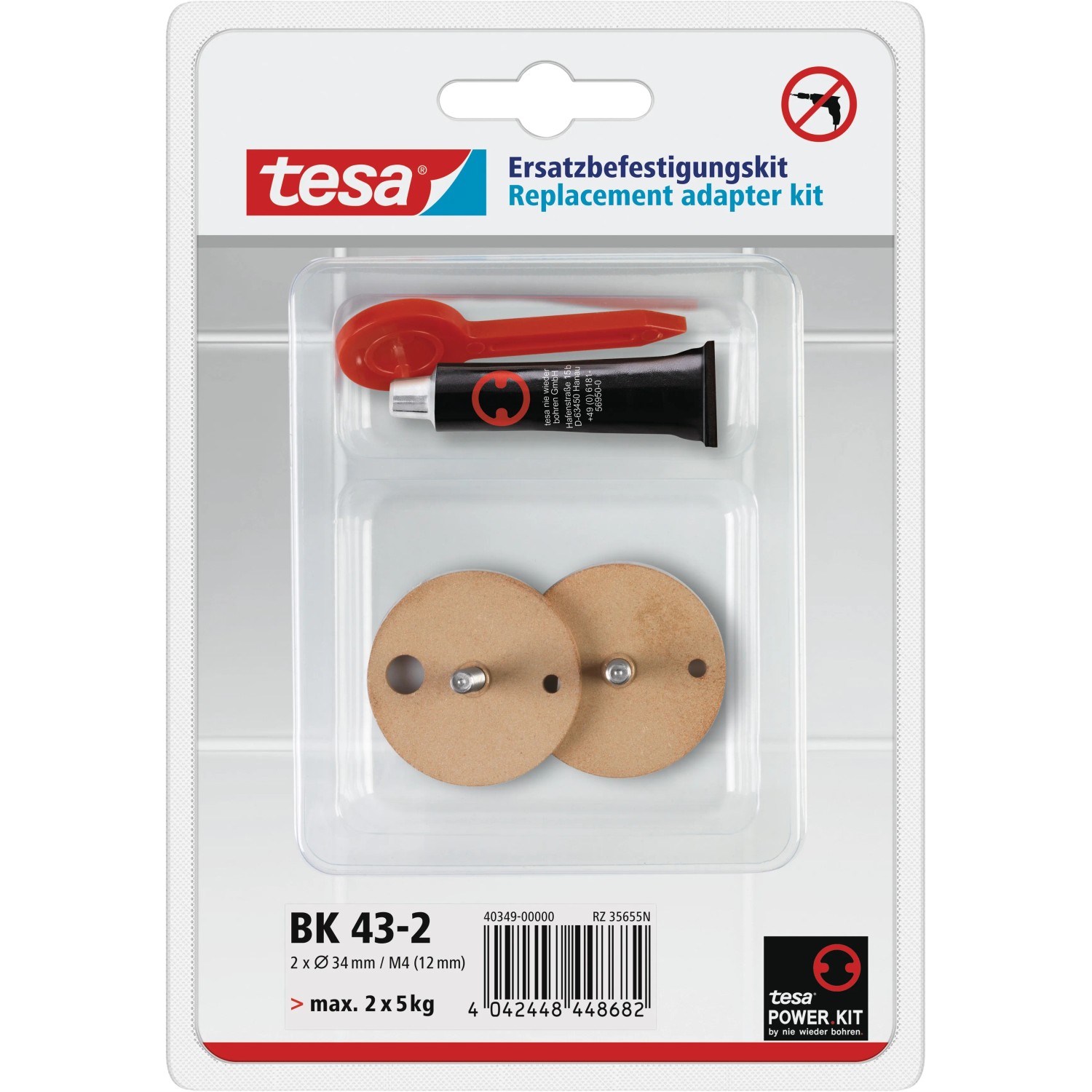Tesa Power Kit BK43-2: Adapter-Set zur Wandmontage ohne Bohren, mit Kleber, Adaptern und Inbus.