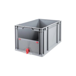 Graue PROREGAL Eurobox NextGen mit Entnahmeöffnung und rotem Verschluss, 65 Liter.