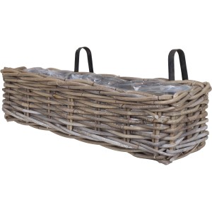 Natur-grauer Rattan Blumenkasten mit Halter, 58x20x15 cm, für Balkon und Garten.