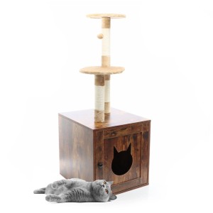 Fudajo Kratzbaum Holz 125cm, vintagebraunes Katzenhaus mit Katzenkopf-Öffnung, Sisal-Kratzstämme, 2 Plattformen. Graue Katze.