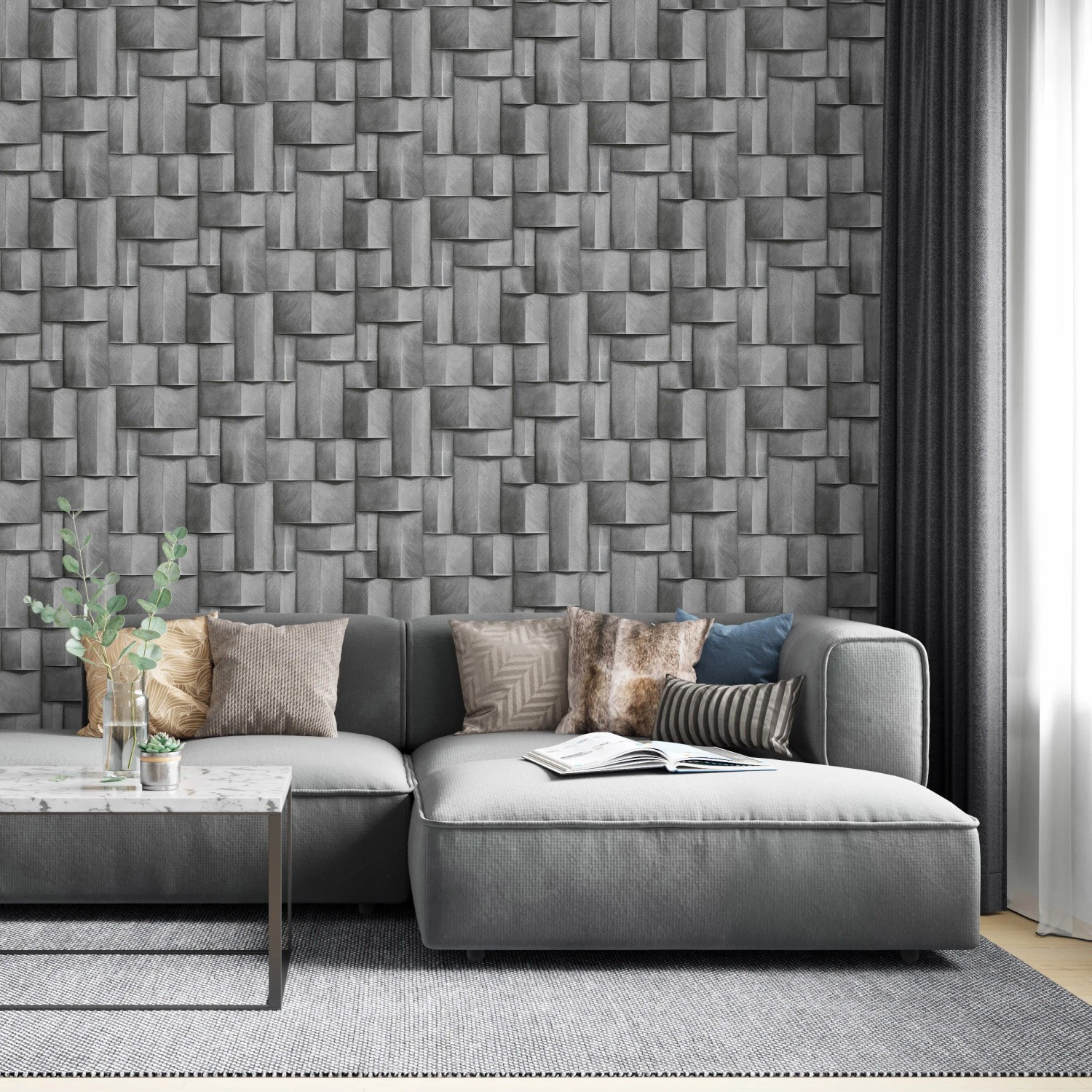 Graue Marburg Vliestapete in 3D-Optik mit grafischem Muster im modernen Wohnzimmer.