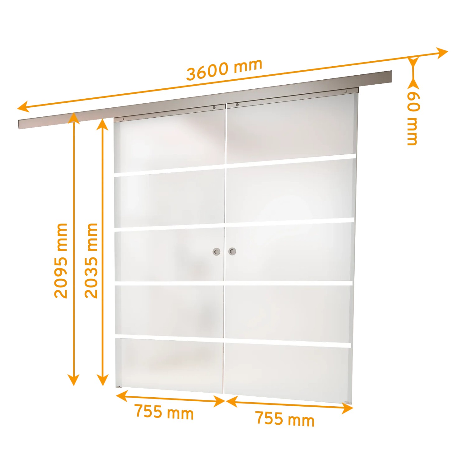 inova Glasschiebetür mit Blockstreifen, 1510x2035 mm, Komplettset mit Softclose und Griffmuschel.