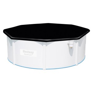 Bestway PVC Abdeckplane 401 cm, schwarz, facettiert, auf weißem Pool. Schützt runde Pools vor Schmutz.