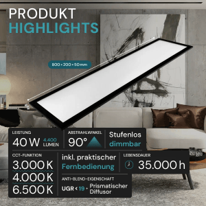 LUXULA LITEQ LED Panel 80x20cm 40W 4400lm UGR19 CCT Dimmbare Büroleuchte Fernbedienung 3000K bis 6500K Warm- Kaltweiß Aufbaupanel Schwarz