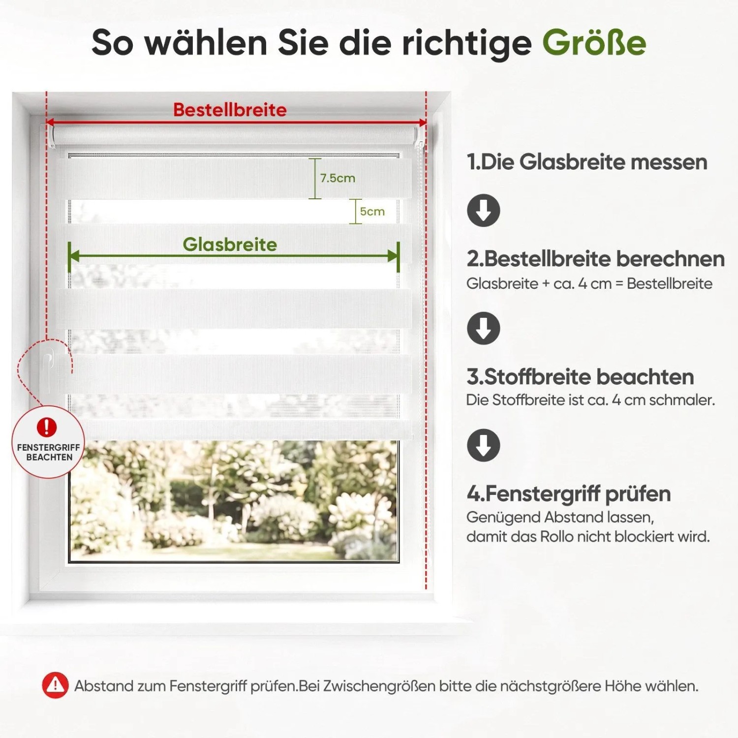 Anleitung zur Größenwahl für weißes Doppelrollo Klemmfix. Zeigt Glas- und Bestellbreite am Fenster für Sichtschutz.