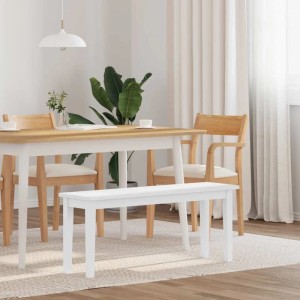 Weiße vidaXL Sitzbank (110 cm) aus Massivholz Gummibaum vor Esstisch mit Stühlen.