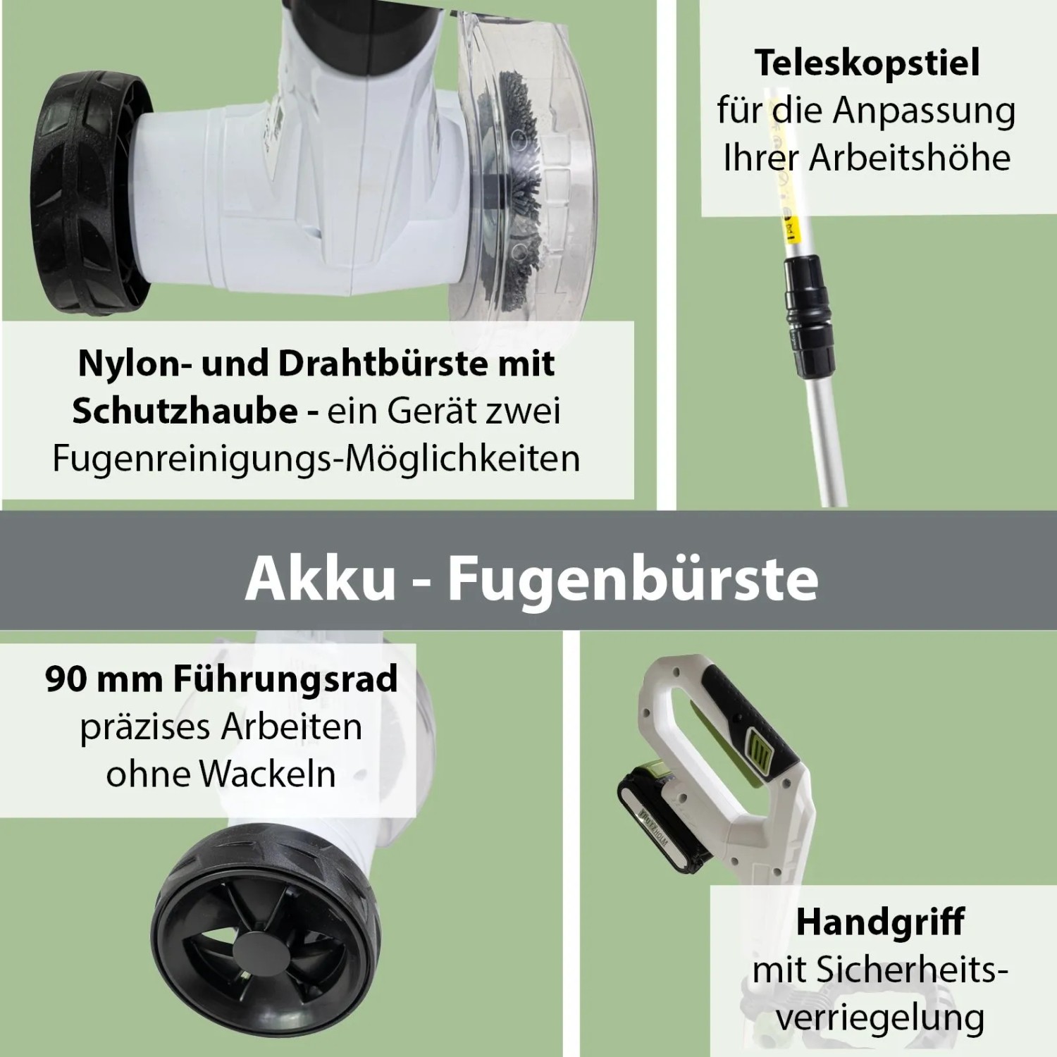 TRUTZHOLM Akku-Fugenreiniger 20V mit Bürstenaufsätzen und Teleskopstiel Details.