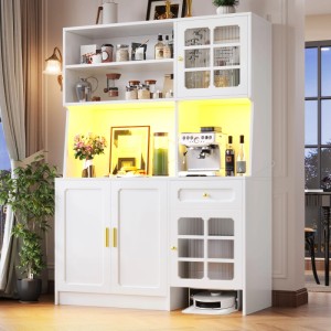 Weißer Hochschrank mit Glastüren, LED-Beleuchtung, vielen Fächern. Moderner Küchen-Buffetschrank 130x180cm.
