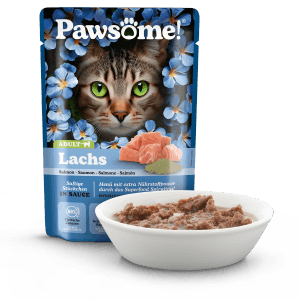 Pawsome Katzen-Nassfutter Adult Lachs, 85g Packung mit Schüssel. Katzenfutter mit Lachs.