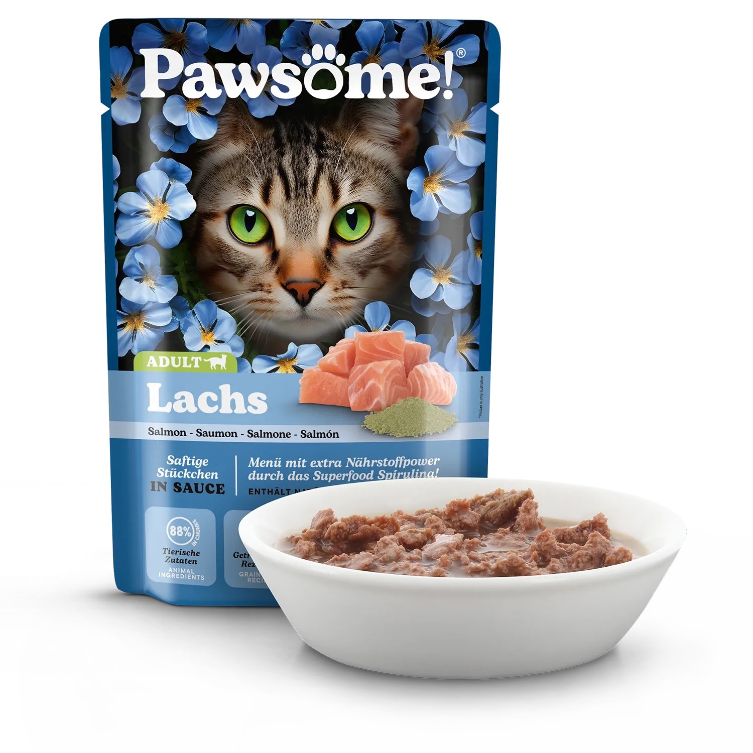 Pawsome Katzen-Nassfutter Adult Lachs, 85g Packung mit Schüssel. Katzenfutter mit Lachs.