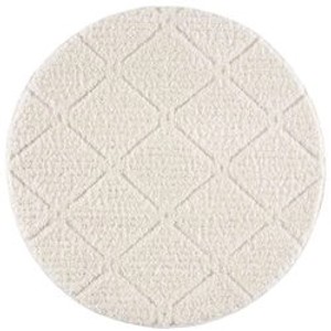 Runder, creme-farbener Hochflor Teppich (120x120 cm) mit Boho-Rautenmuster.