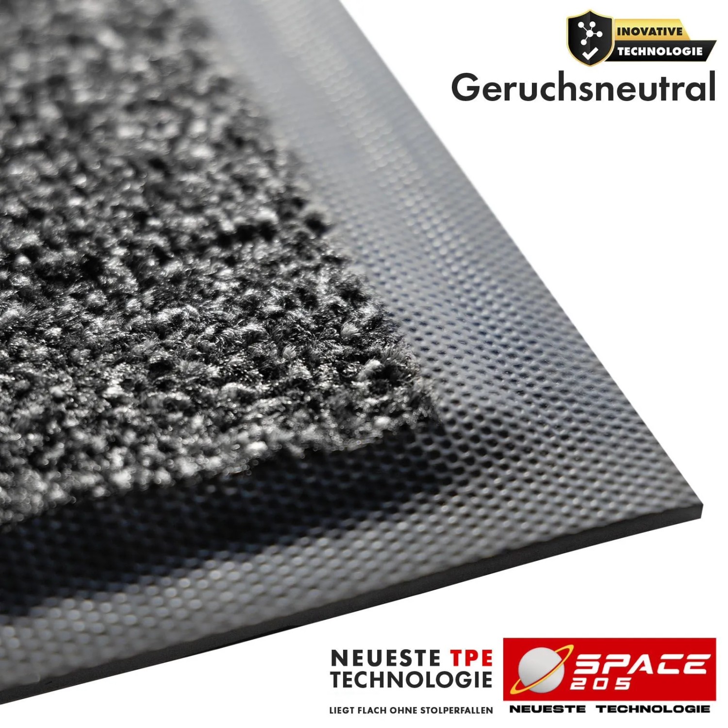 Floordirekt Schmutzfangmatte Space 205 Anthrazit. Detail von rutschfestem TPE-Rücken und Velours-Oberfläche.