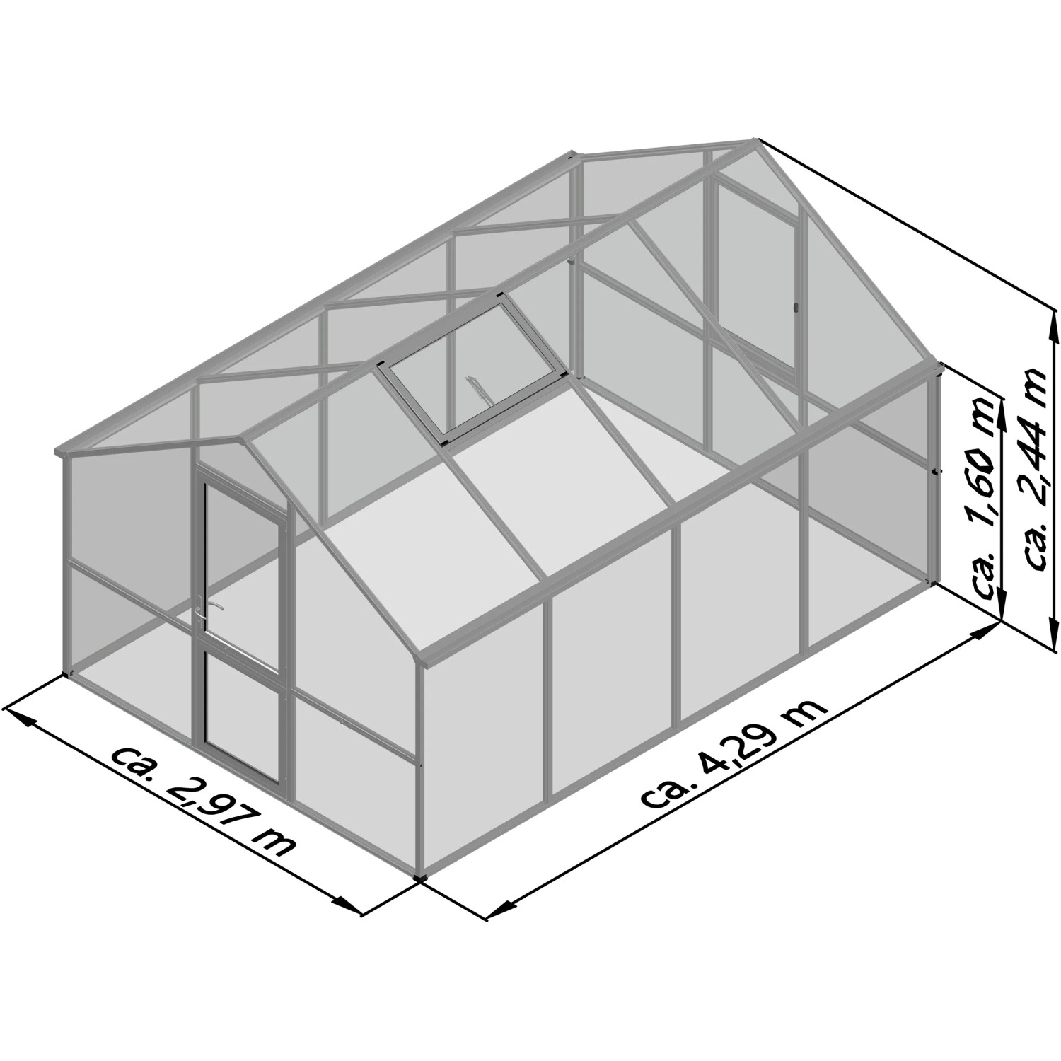 Abbildung des KGT Gewächshauses Tannengrün (12,74 m²) mit Maßangaben.