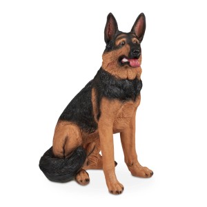 Sitzende Schäferhund Figur, 85cm, aus wetterfestem Polyresin in Schwarz und Braun für den Garten.