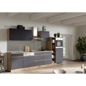 Moderne Held Möbel Küchenzeile Turin, 330 cm, Graphit und Wotaneiche mit E-Geräten.