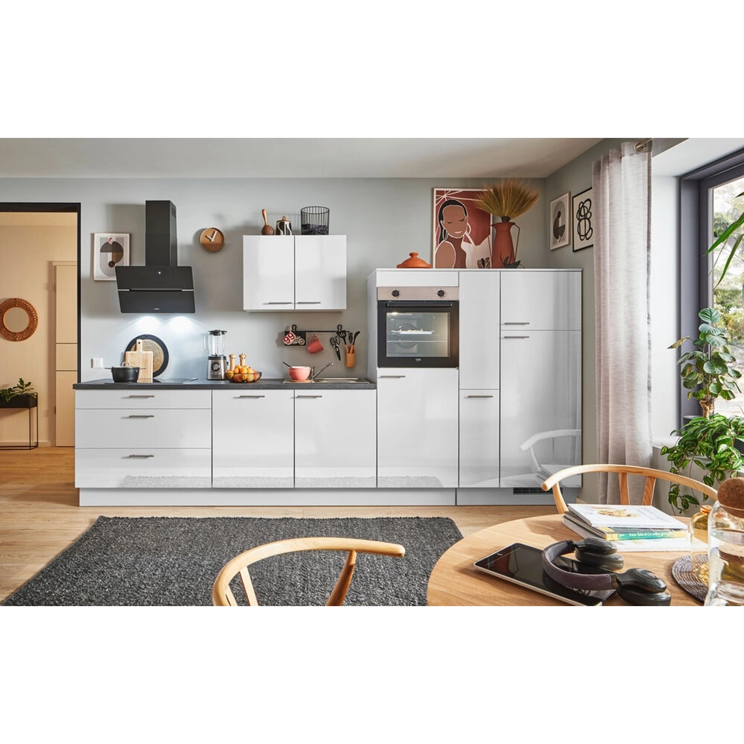 pino Küchenzeile 350cm Lichtgrau Hochglanz Anschlag R 1Geräte-,1Apothekersc günstig online kaufen