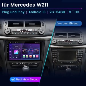 Junsun 9 Zoll Autoradio für Mercedes W211. Modernes Navi mit Carplay & Android Auto im Armaturenbrett. Vorher-Nachher-Vergleich.