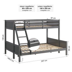 Homestyle4u Etagenbett 90x200 und 140x200 in Grau mit Lattenrost und 2 Matratzen 2725