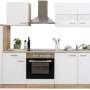 Respekta Küchenzeile KB240ESWC, 240 cm, Weiß-Eiche Glänzend, mit Elektrogeräten und viel Stauraum.