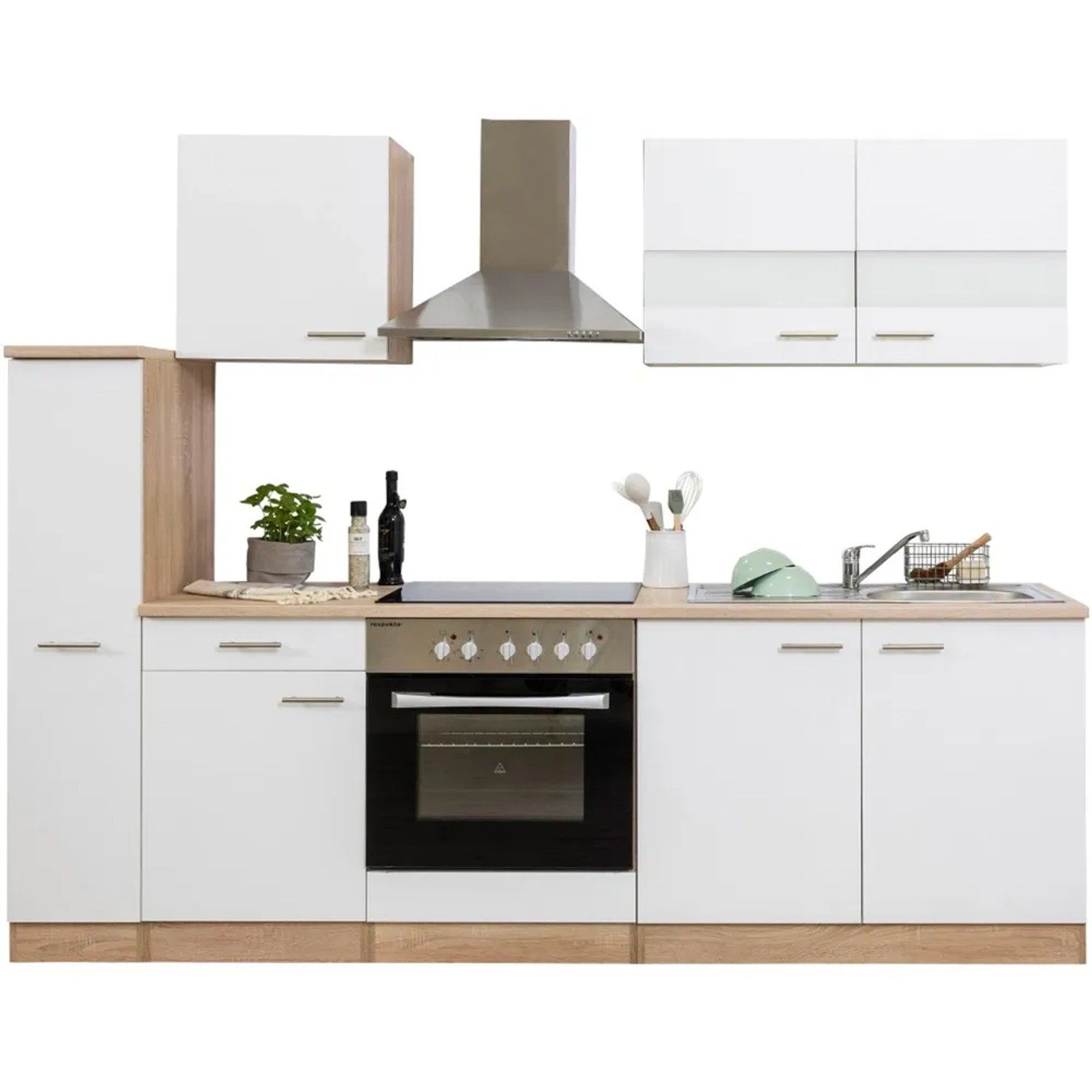 Respekta Küchenzeile KB240ESWC, 240 cm, Weiß-Eiche Glänzend, mit Elektrogeräten und viel Stauraum.