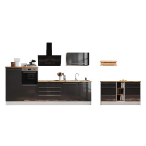 Respekta Küchenzeile Gabriel 320 cm mit Kücheninsel in Grau Hochglanz, inklusive E-Geräte.