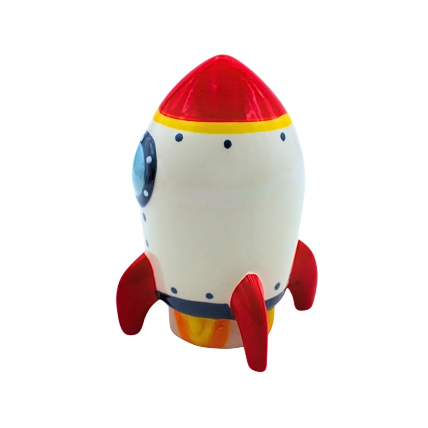 Bunte Keramik Raketenspardose für Kinder, weiß mit roten Flossen und Spitze, blauen Fenstern. Mit Gummistopfen.