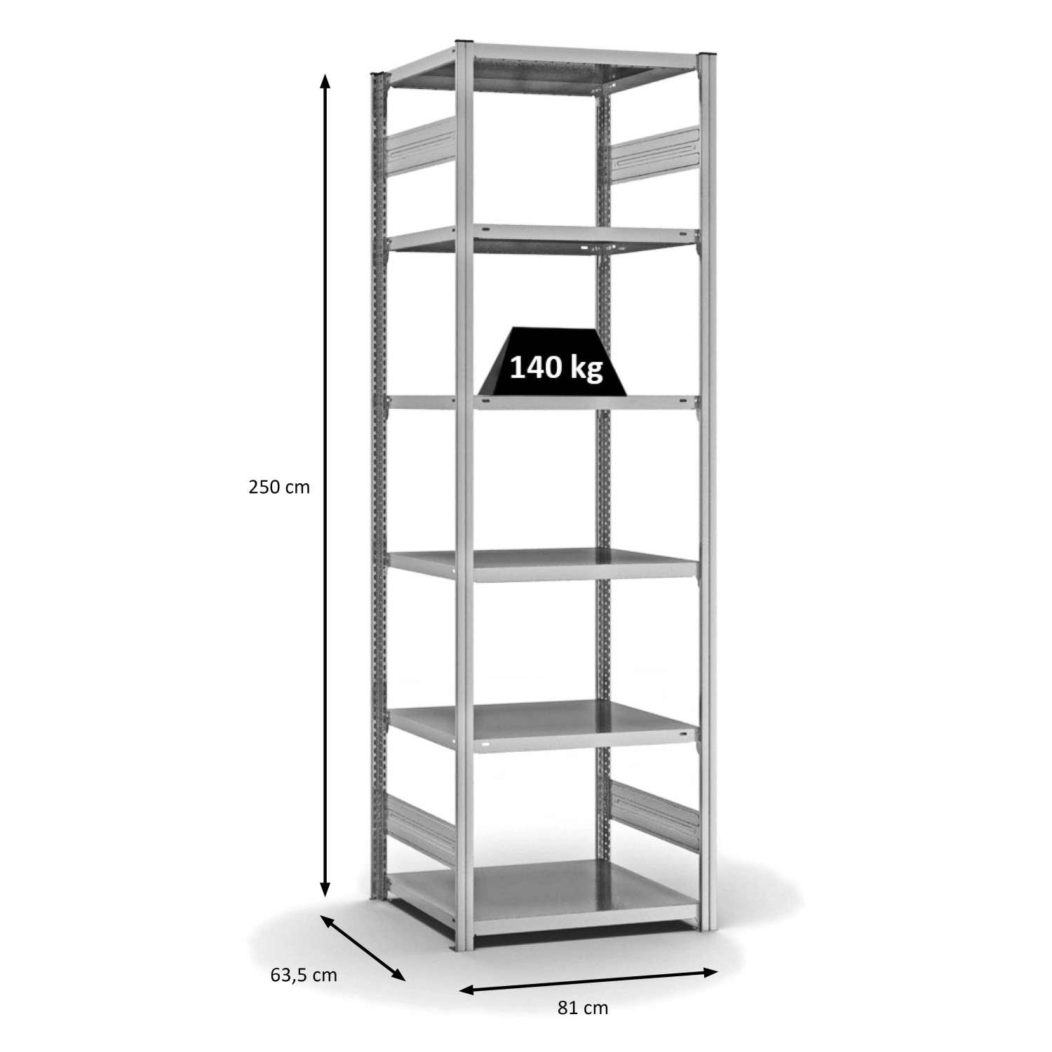 Verzinktes PROREGAL Fachbodenregal mit 6 Ebenen, 250x75x60 cm, Fachlast 140 kg, beidseitig nutzbar.