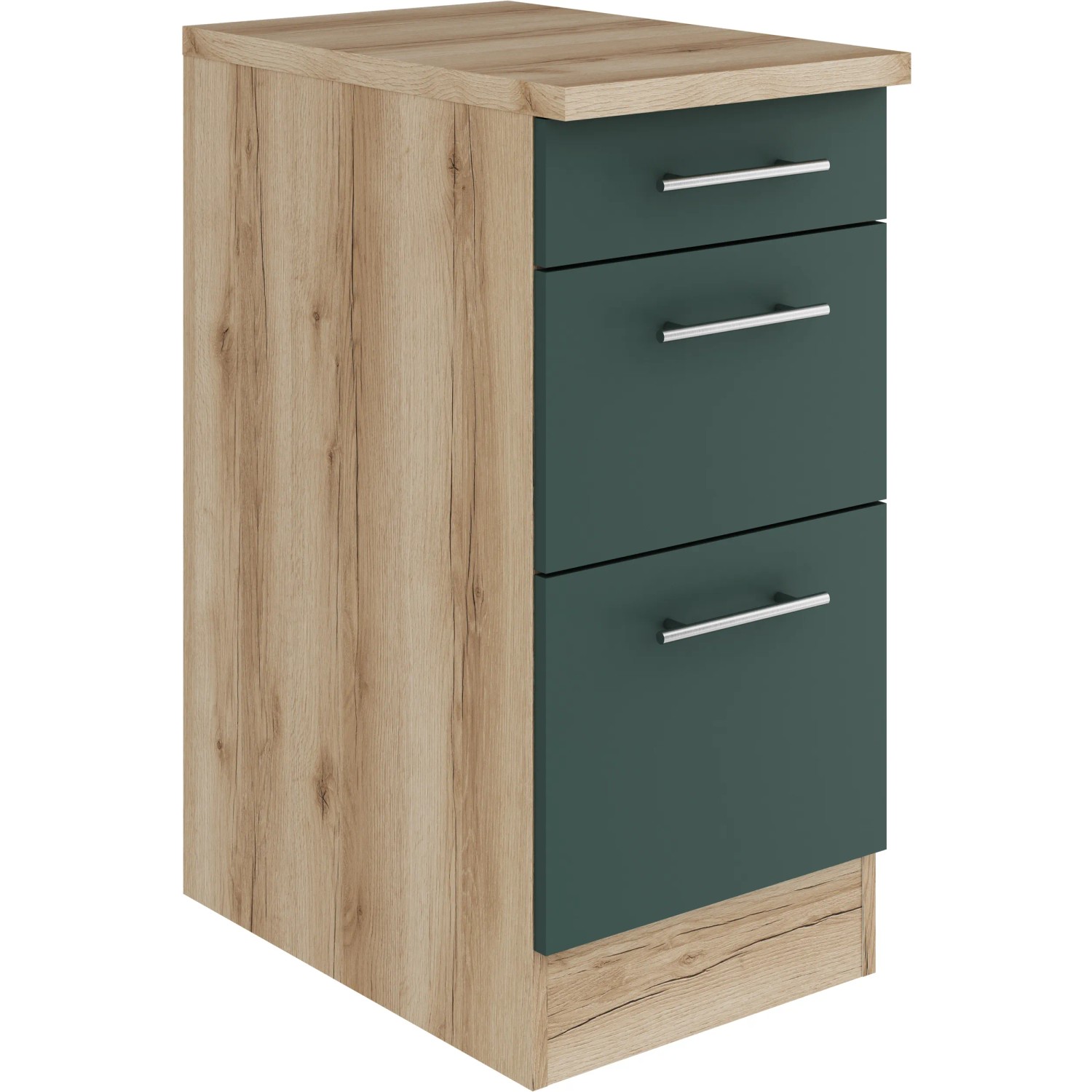 OPTIFIT Savona405 Unterschrank, 40 cm, Steingrün/Wildeiche, mit 1 Schublade und 2 Auszügen.