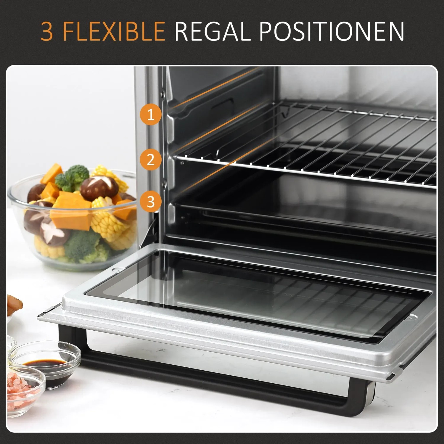 Innenansicht HOMCOM Mini Backofen 32L mit Grillrost und Backblech, 3 Einschübe.