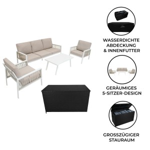 Jardi 4-teilige Gartenmöbel Sofagarnitur mit Rattan-Box in Schwarz/Weiß.