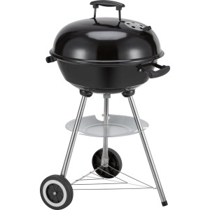 Schwarzer Holzkohle-Kugelgrill mit Deckel, Ablage und Rädern für Garten oder Terrasse.