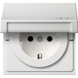 Gira Steckdose mit Klappdeckel, Fläche Reinweiß, Detailansicht.