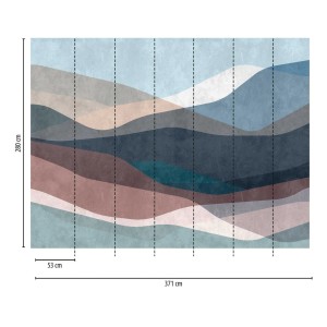 Grafische Vliestapete mit Wellenmuster in Blau, Rot und Beige. Abstrakte Landschaft für Schlafzimmer.