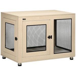 PawHut Hundekäfig mit Kissen, zwei Türen und Gittereinsätzen in Holzoptik.