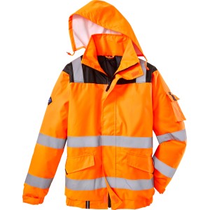 Orange Herren Piloten Warnschutzjacke mit Kapuze und Reflexstreifen.