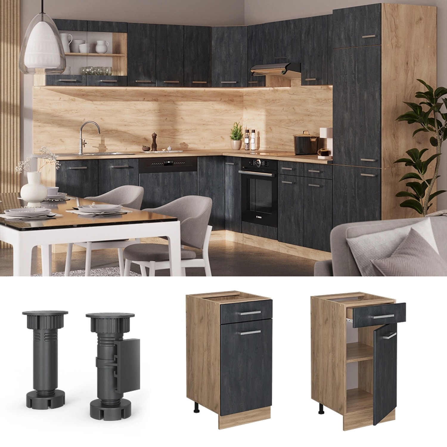 Vicco Küchenunterschrank R-Line in Schwarz Beton/Eiche: Schubladenschrank für moderne Küchen.