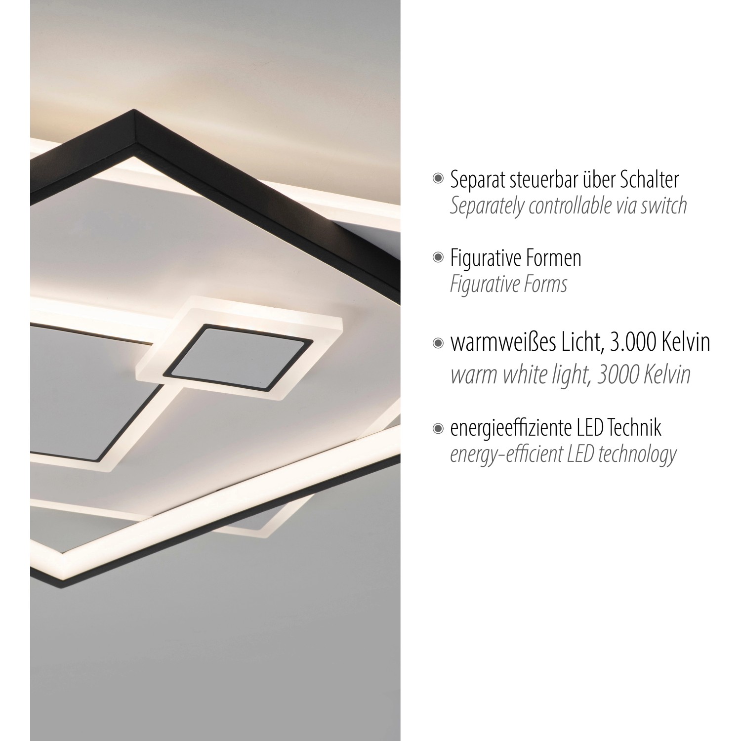 Moderne, weiße LED-Deckenleuchte Mailak von Paul Neuhaus, 57x57 cm, mit schwarzem Rahmen.