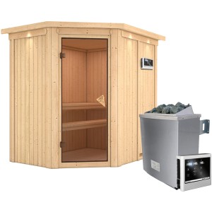 Karibu Sauna-Set Cleo mit Ofen und Steuerung. Massivholzsauna mit Glastür und Dachkranz.