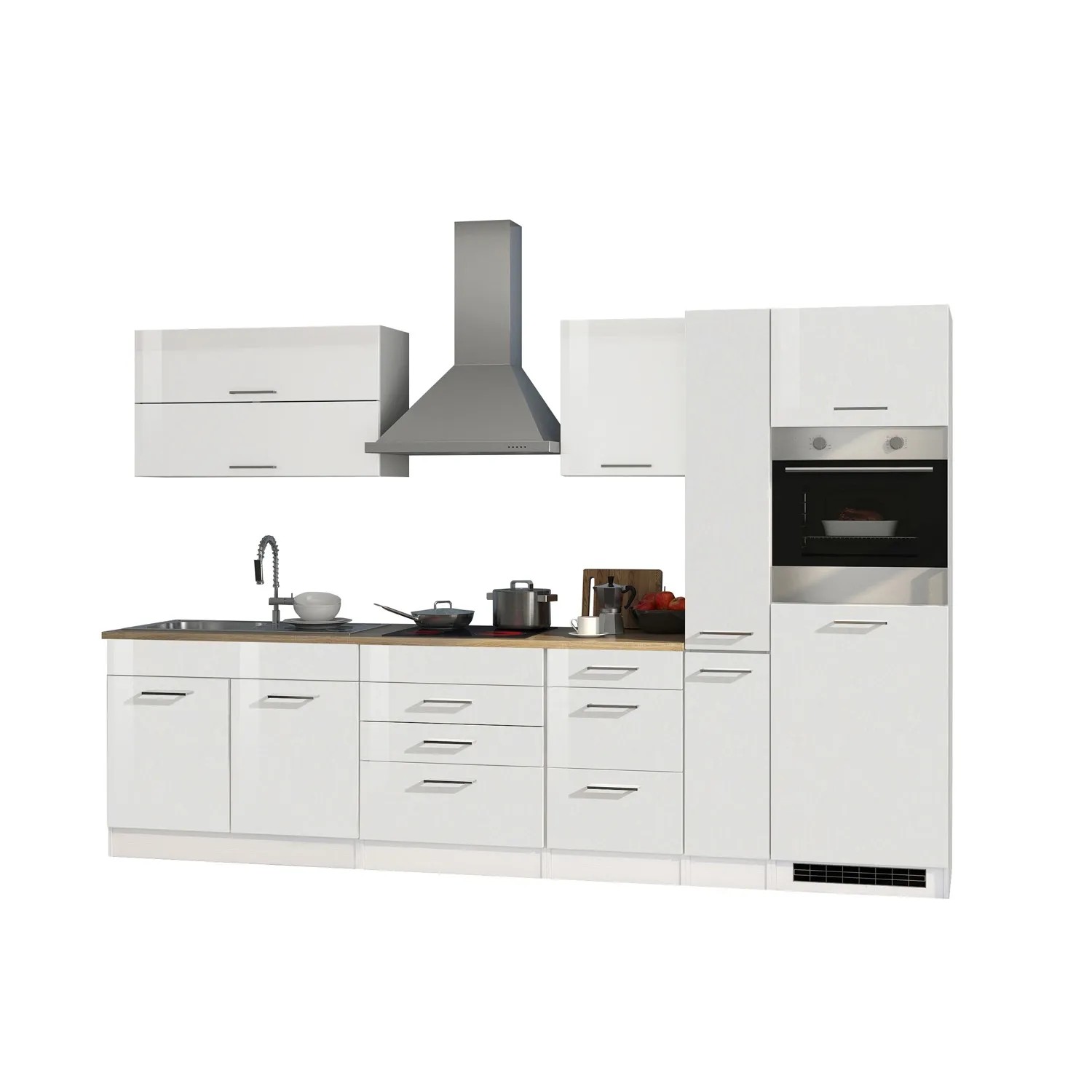 Moderne, weiße Küchenzeile Mailand 320 cm mit E-Geräten und hochglänzenden Fronten.