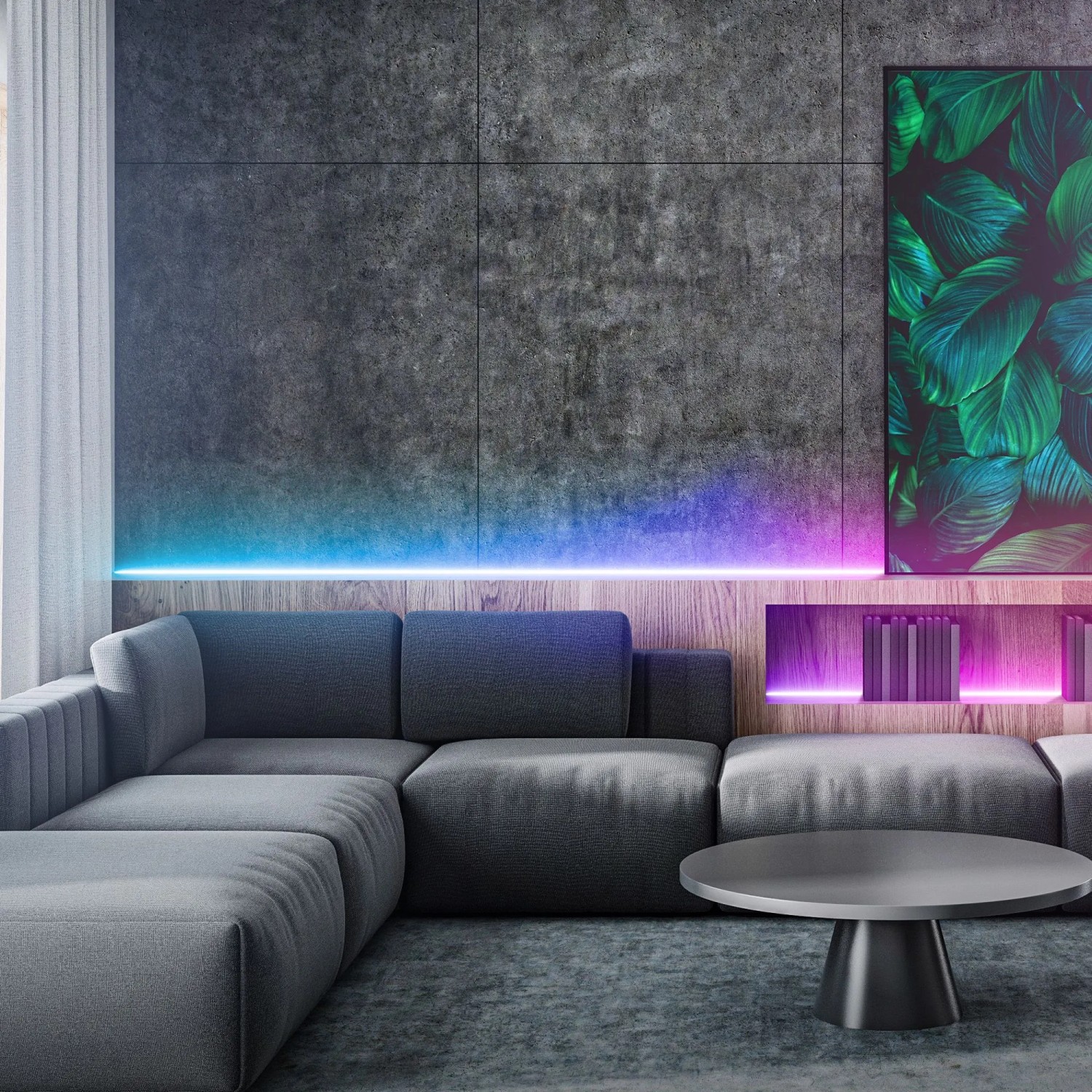 Wohnzimmer mit indirekter Beleuchtung durch RGBIC LED-Strip unter der Decke und Regal.