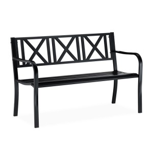 Schwarze Relaxdays Gartenbank aus Stahl, 127 cm breit, mit dekorativer Rückenlehne.