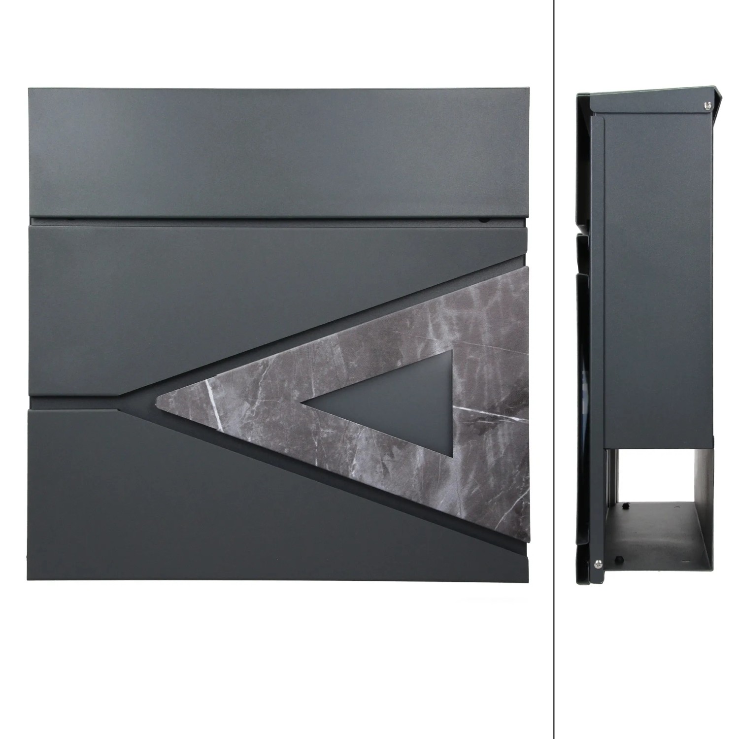 ML-Design Standbriefkasten mit Zeitungsfach und Pfosten, Edelstahl Silber, Ansicht von vorn und der Seite.
