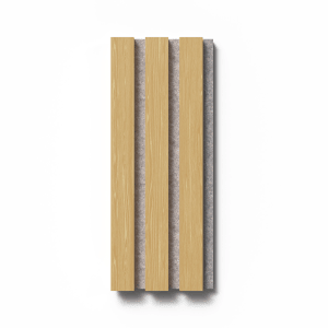 Akustikpaneel Muster Eiche geölt weiß, MDF Leisten auf grauem Filz, 29,5x15cm.