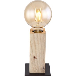 Globo Tischleuchte ADALIE: Schwarzer Metallsockel, Holzkorpus, Glühbirne. Design-Tischlampe.