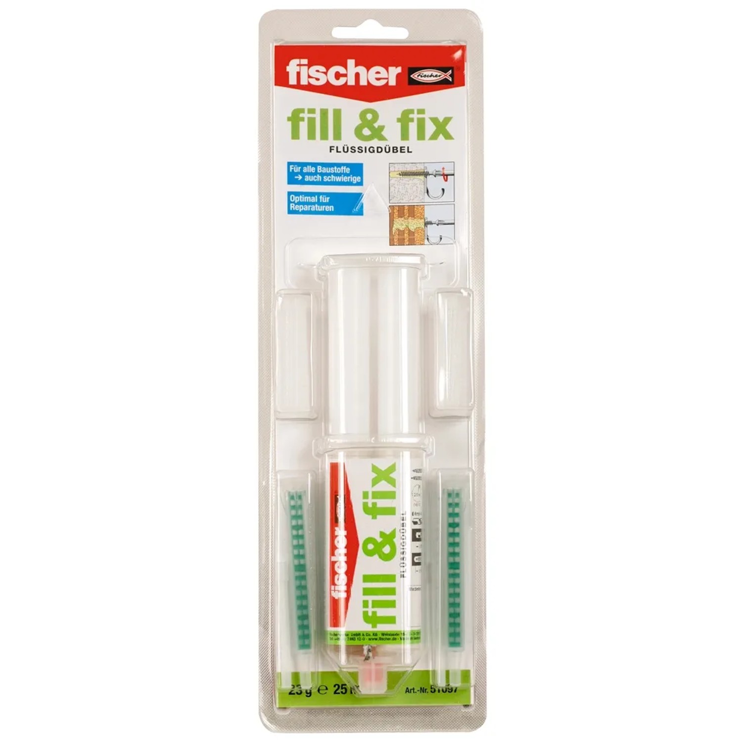 Fischer Flüssigdübel fill & fix, 2-Komponenten-System für schnelle Reparaturen und Befestigungen.